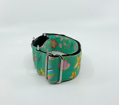 Easter Martingale Dog Collar With Optional Flower Or Bow Tie Eggs And Flowers On Teal Slip On Collar Sizes S, M, L, XL - image5
